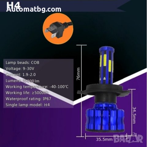 Комплект диодни крушки Automat, H4, DC 12V-24V, 55W, Син, снимка 5 - Аксесоари и консумативи - 39554147