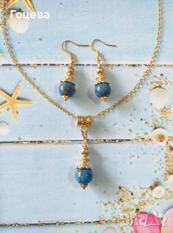 Уникални обеци с редкият камък син Азурит и орнаменти цвят злато, снимка 11 - Обеци - 40714402