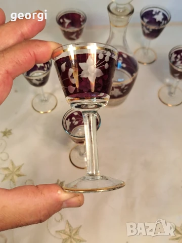 ретро сервиз за ракия цветно гравирано стъкло със златен кант, снимка 6 - Чаши - 50723370