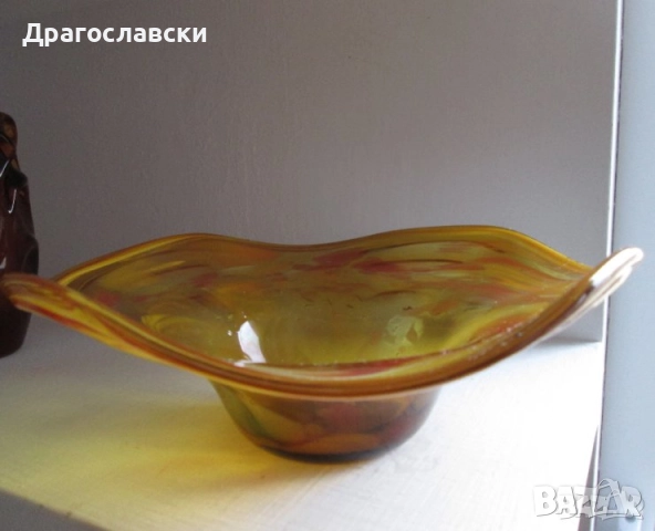 Тежка красива ваза, цвят  кехлибар и фруктиера, стъкло, стъклен, зелен пепелник Сливен, снимка 7 - Вази - 10670305