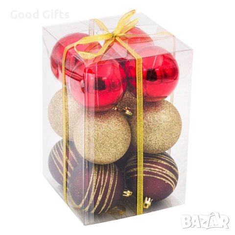 12 броя Комплект коледни топки, Червени и Златни, 7см