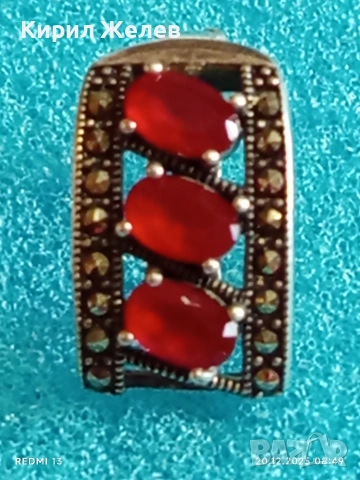 Сребърна обеца с инкрустирани кристали и ювелирно полиран ЧЕРВЕН ГРАНАТ 41831, снимка 4 - Обеци - 52854380