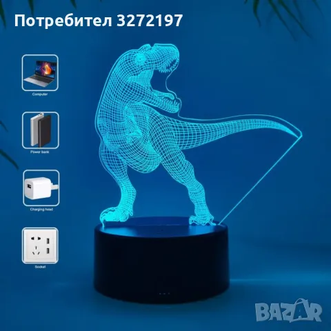 Холограмна 3D LED лампа-Динозавър,RGB Седемцветен Интелигентен Контрол,USB, снимка 3 - Настолни лампи - 49576581