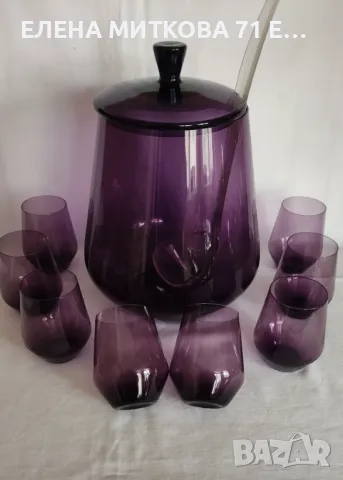 Комплект за пунш/компот или каквото си решите от цветно кристално стъкло в наситено лилаво, снимка 2 - Сервизи - 49611443