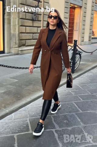 Дамско дълго елегантно кафяво палто с класическа кройка, снимка 6 - Якета - 51368351