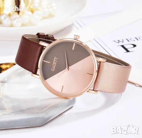 Страхотен нов двуцветен дамски часовник с кожена каишка в кафяв и бежов цвят , снимка 1 - Дамски - 42598295