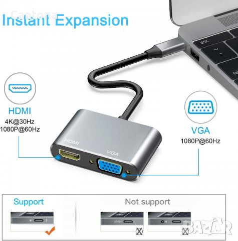 USB C към HDMI и VGA адаптер, 4K HDMI, 1080P VGA, алуминиев корпус, снимка 2 - Други - 40214441