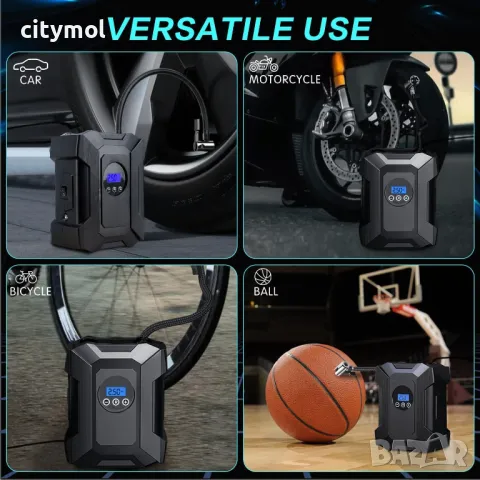 Компресор за автомобилни гуми 12V, LED фенер, LCD дисплей, за автомобили,  велосипеди,150PSI, снимка 3 - Аксесоари и консумативи - 47453888