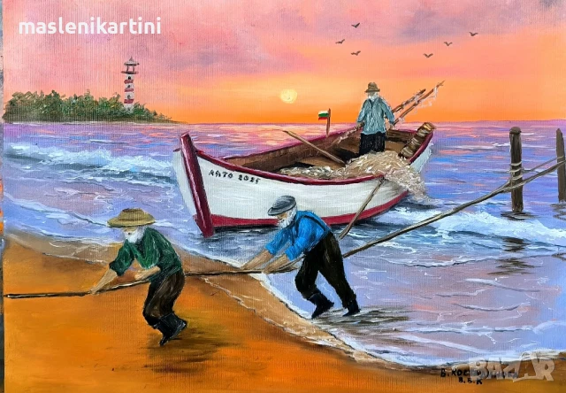 море, лодка и рибари маслена картина , снимка 2 - Картини - 50740164