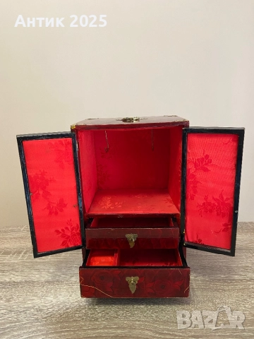 Винтидж китайска кутия за бижута от червено лакирано дърво с резба, снимка 10 - Антикварни и старинни предмети - 52063984
