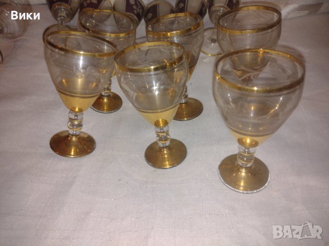 Антикварен сервиз за ракия  гравирани чаши богато позлатени с широк златен кант , снимка 7 - Антикварни и старинни предмети - 39096206