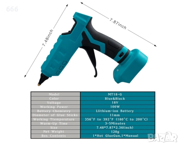 Безжичен пистолет за горещо лепене, съвместим с батерия Makita 18V, снимка 4 - Други инструменти - 52586285