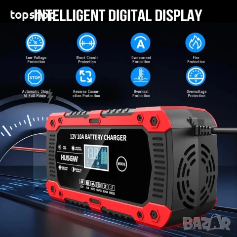 10 A зарядно за кола, 12 V, 7-степенно зареждане , LCD екран, за автомобили, мотоциклети, камиони, снимка 3 - Аксесоари и консумативи - 50542331