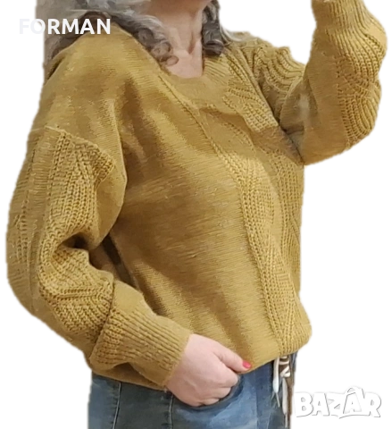РАЗКОШЕН пуловер с плетеници в цвят горчица, снимка 2 - Блузи с дълъг ръкав и пуловери - 52943786