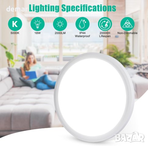 Befurglor LED таванна лампа, 18W 2000LM 5000K, IP44, Ø 23cm, бяла, снимка 2 - Лед осветление - 42917953