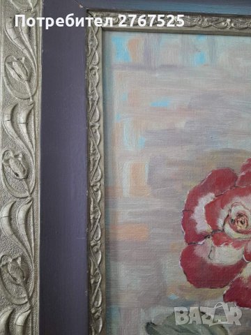 53х63см Стара Картина на платно рисувана с маслени бои цветя, снимка 4 - Колекции - 38987930