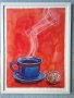 Чаша кафе и бонбон на червен фон, снимка 1 - Картини - 30150823
