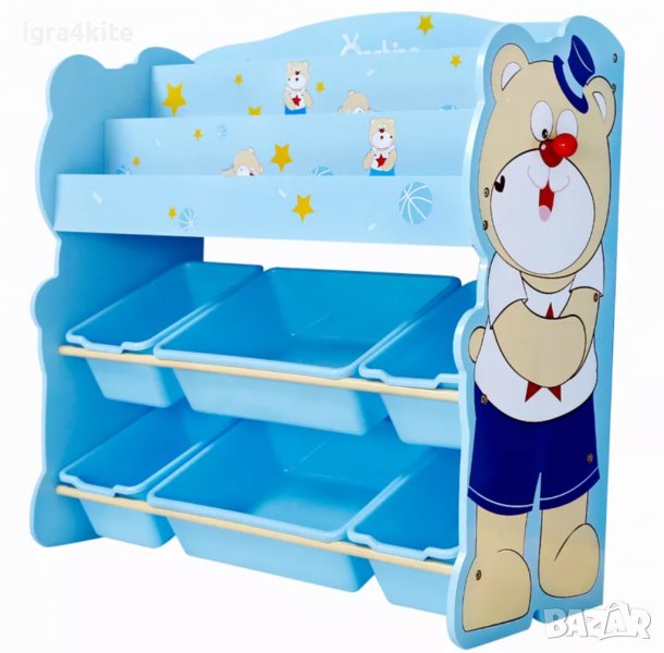 Дървена етажерка органайзер за играчки и книги синьо мече с 6 коша и рафтове, снимка 1