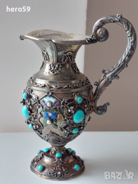Стара Антикварна Сребърна кана за вода/сребро 925 проба,емайл,тюркуази/, снимка 1