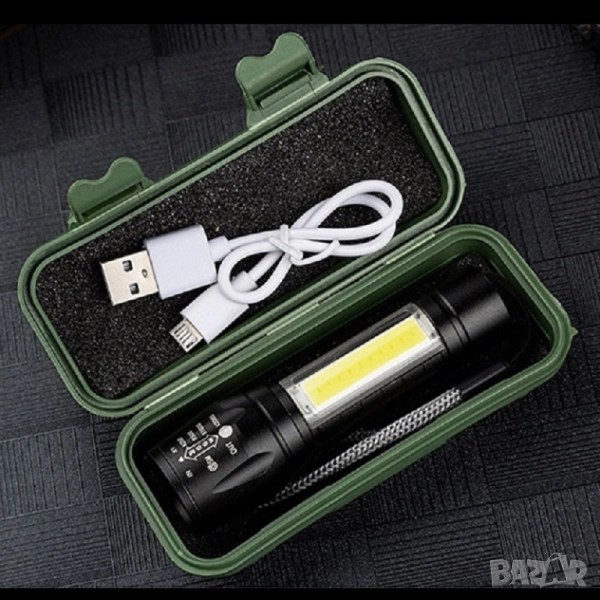 Мини акумулаторен фенер със зуум и COB работна лампа, снимка 1