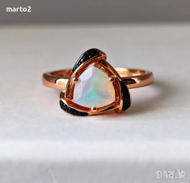 Сребърен 925 Пръстен, Розово Злато и Натурален Опал и Черни Шпинели!, снимка 1