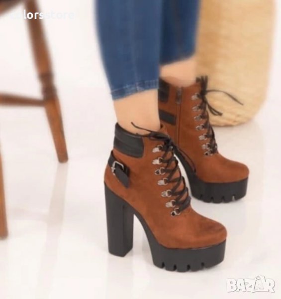 Боти на ток - кафяв велур - BT14, снимка 1