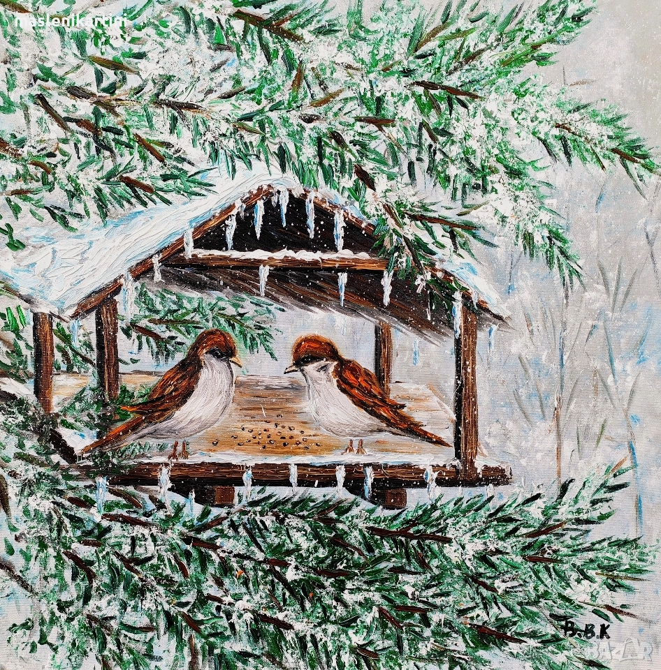 Зимен пейзаж с врабчета маслена картина, снимка 1