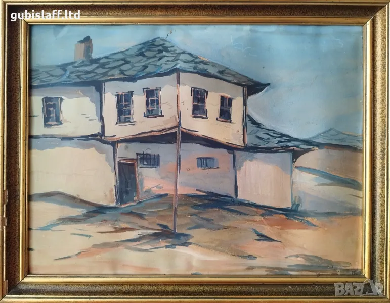 Картина, къщи, български автор, 1950-те г., снимка 1