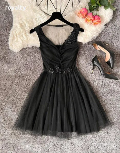 Рокля с тюл в цвят черен, снимка 1