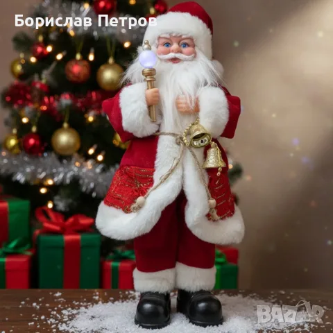 Декоративен Дядо Коледа със светеща факла и камбанки, на батерии. Височина: 40см.