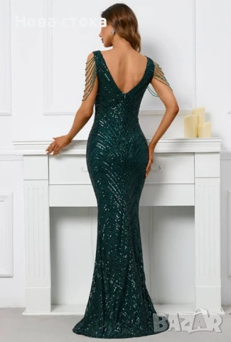 Дълга рокля с паети в зелено , снимка 5 - Рокли - 50665513