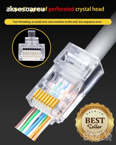 Комплект от 20 броя RJ45 CAT6/CAT5e конектори позлатени 8P8C модулни щекери UTP FTP Ethernet мрежи, снимка 12 - Кабели и адаптери - 56224975