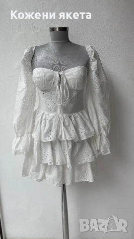 Бяла памучна рокля с бродерия и ръкав, снимка 2 - Рокли - 50902446