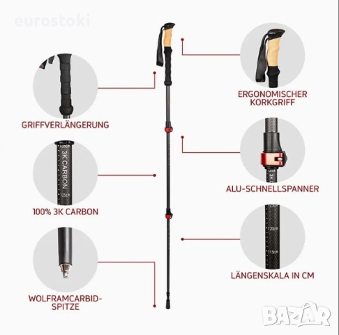 Карбонови телескопични трекинг щеки Forest tales с дръжките от корк - Телескопични ултра леки карбон, снимка 5 - Спортна екипировка - 52852377