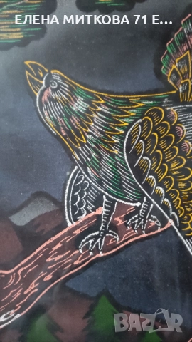 Голяма картина /ковьор рисуван върху текстил в масивна дървена рамка с орнаменти, снимка 3 - Картини - 52894068