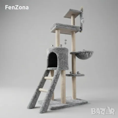 Котешка драскалка с къщичка, легло и платформи, 138 см, светлосива, снимка 4 - За котки - 56084100
