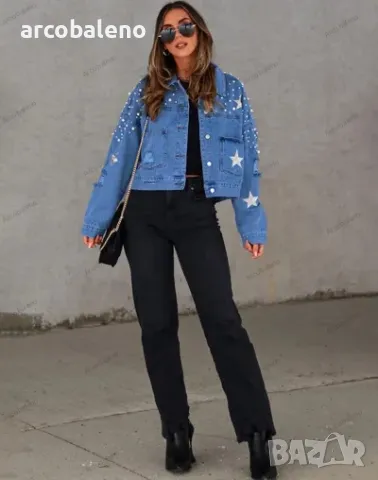 Дамско дънково яке с перлени шипове, 3цвята , снимка 3 - Якета - 47359162