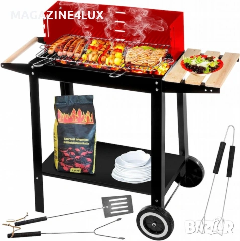 Градинско барбекю на колела от емайлирана стомана с 4 степени на нагряване + подарък комплект от 3 п, снимка 3 - Барбекюта - 53885664
