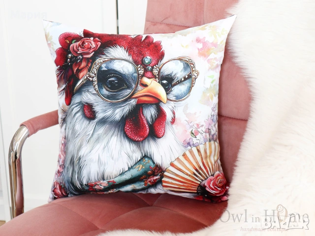 Възглавница с уникален принт на кокошка, снимка 4 - Възглавници - 54249670