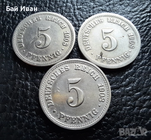 Стара монета 5 пфенига 1908 г. букви A , D и F - Германия -три разновидности !, снимка 11 - Нумизматика и бонистика - 39779148