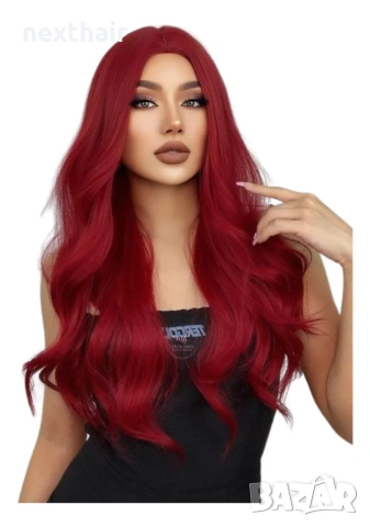 70 см Тъмно червена (бордо) синтетична перука, снимка 7 - Аксесоари за коса - 53135909