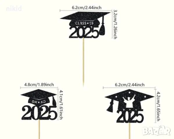 тога 2025 шапка дипломиране завършване бал малък брокатен топер топери за мъфини кексчета абитуриент, снимка 2 - Други - 45846763
