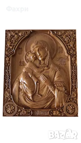 Икона "Богородица Фьодоровска" – детайлна дърворезба от бук, 30х26 см