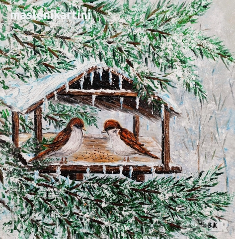 Зимен пейзаж с врабчета маслена картина