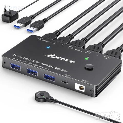 8K@60Hz HDMI KVM превключвател 2 компютъра 1 монитор, 3 х USB 3.0