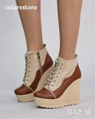 Боти на платформа - бежово с кафяво кожа - NO5