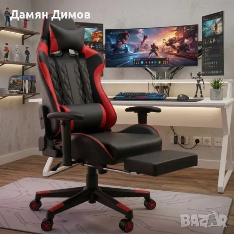Ергономичен геймърски стол с функция за масаж и подложка за крака - червен