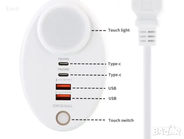 Мултипортово компактно бързо зарядно устройство с 2 A порта и 2 C порта и LED светлина 50W, снимка 2 - Оригинални зарядни - 48299012