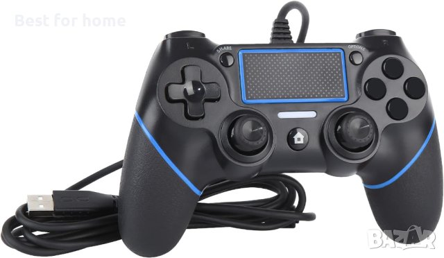 PS4 контролер, кабелен джойстик, геймпад със сензорен панел с двойна вибрация,зелена и синя линия, снимка 3 - Аксесоари - 42718410