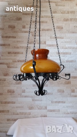 Стар полилей от ковано желязо и стъклен плафон, снимка 4 - Антикварни и старинни предмети - 40173165